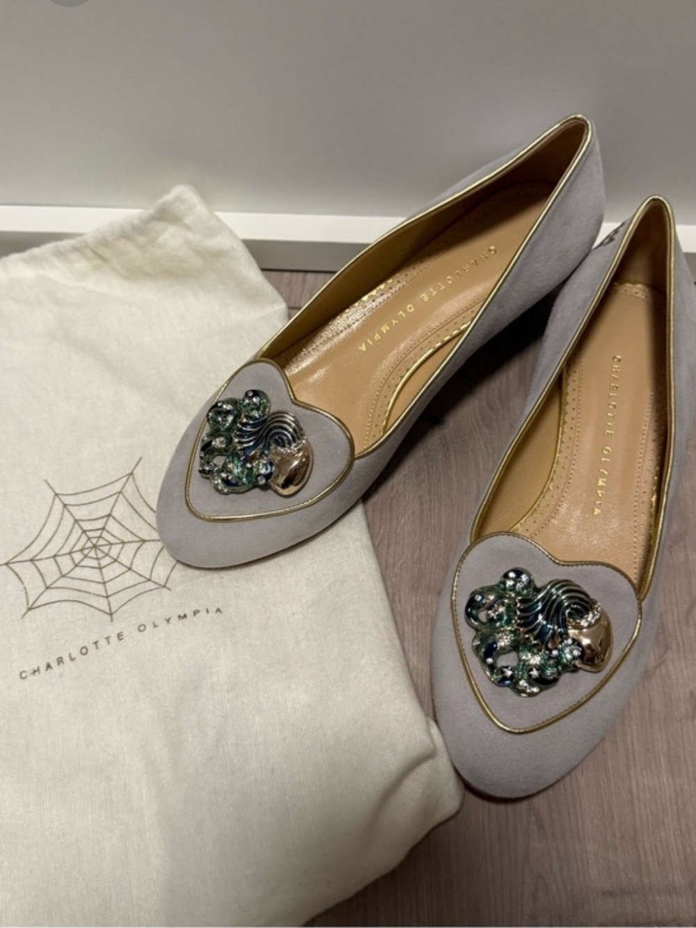 Charlotte Olympia Gray Embellished Heart Flats